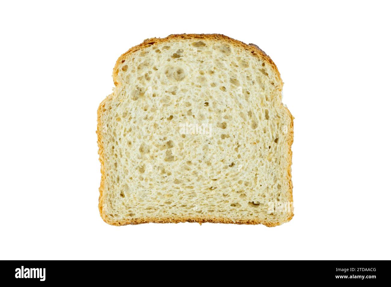 Scheibe Toastbrot isoliert auf weißem Hintergrund, Draufsicht, flache Nahaufnahme Essen Stockfoto