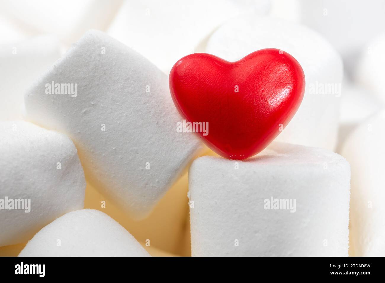 Süße Liebe: Valentinstag Feier mit Süßigkeiten und Marshmallows, Konzept - Hochzeit - Liebe - Rotes Herz - Valentine Stockfoto