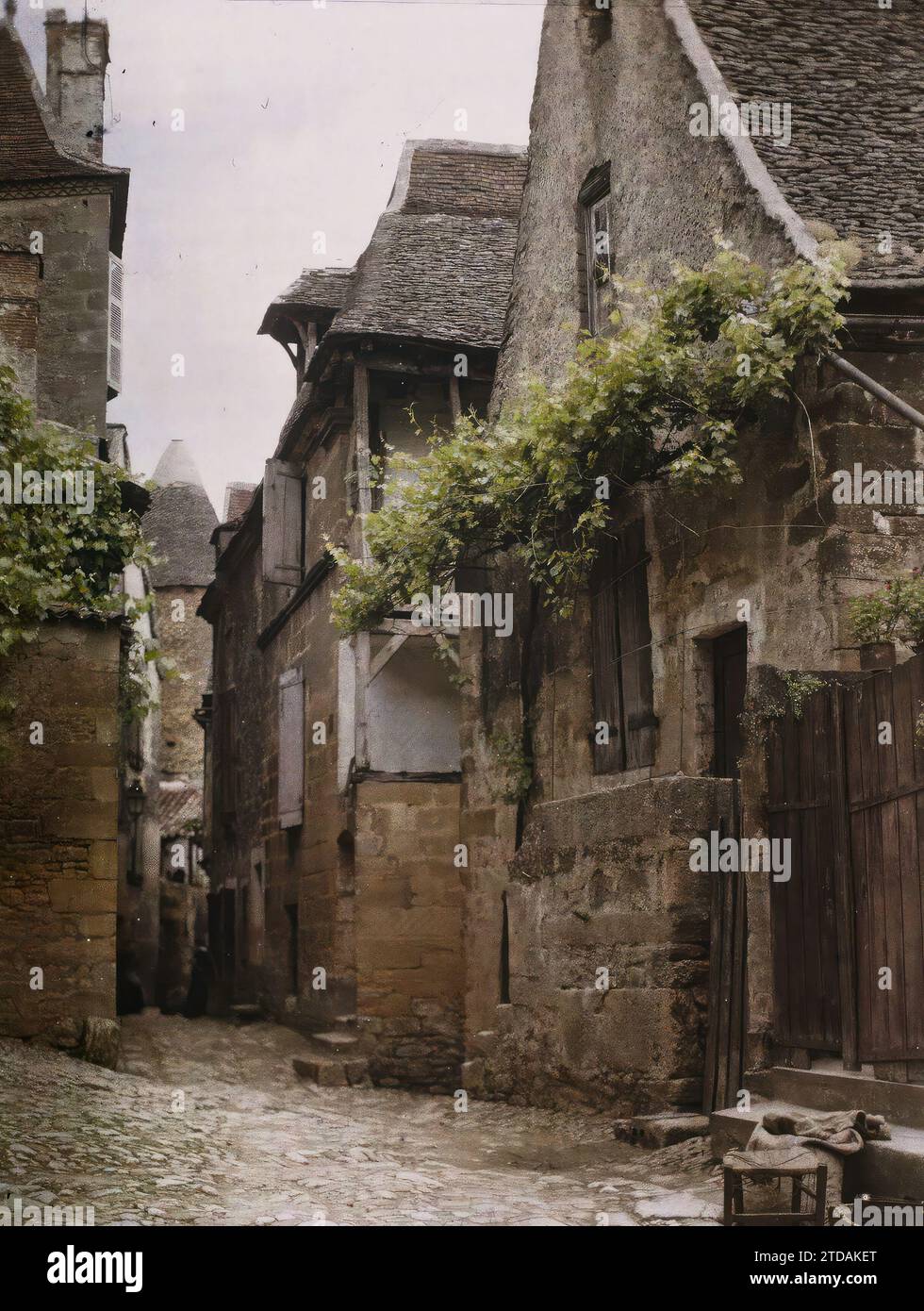 Sarlat, Dordogne, Frankreich, Habitat, Architektur, Wohnung, asphaltierte Straße, Trelliswork, Straße, Bezirk, Frankreich, Sarlat, Rue Barrie in der Nähe der alten Stadtmauern, Sarlat, 13.06/1916 - 13.06.1916, Léon, Auguste, Fotograf, 1916 - Provinzen Frankreich - Jean Brunhes, Auguste Léon et Georges Chevalier - (April-Juli), Autochrome, Foto, Glas, Autochrome, Foto, positiv Stockfoto