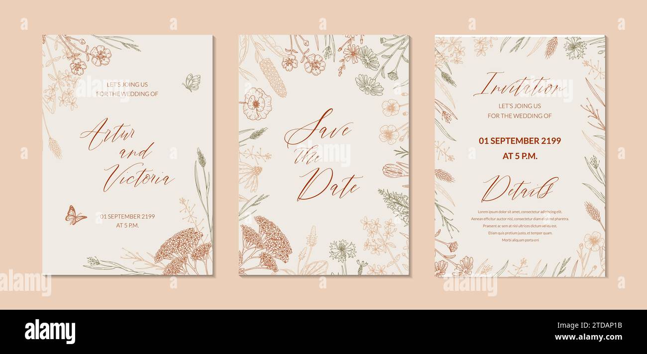 Hochzeitseinladung auf zwei Seiten mit handgezogenen Sommerkräutern. Vertikales Wildblumen-Design. Vektordarstellung im Skizzenstil. Wiesenblumen ästhetisch b Stock Vektor