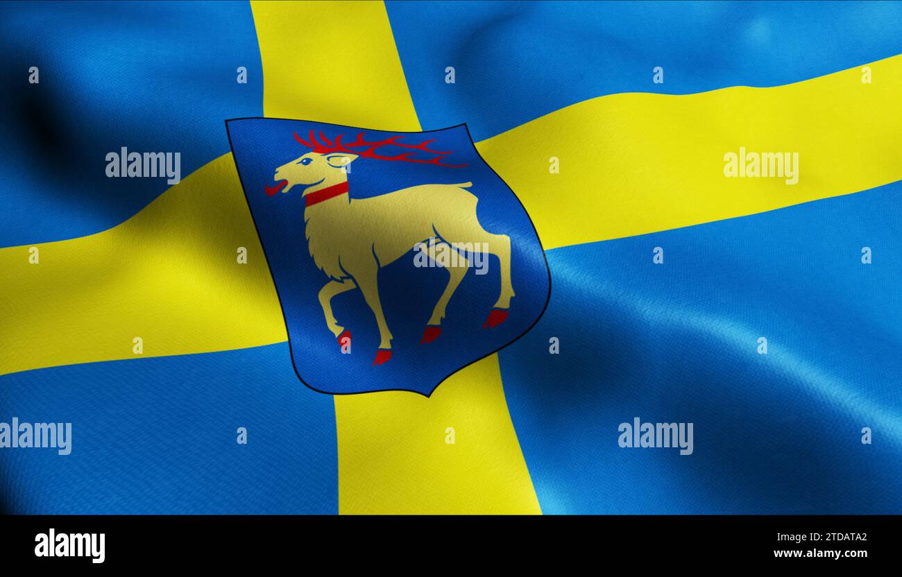 3D-Abbildung einer schwankenden schwedischen Provinz-Flagge von Oland Stockfoto
