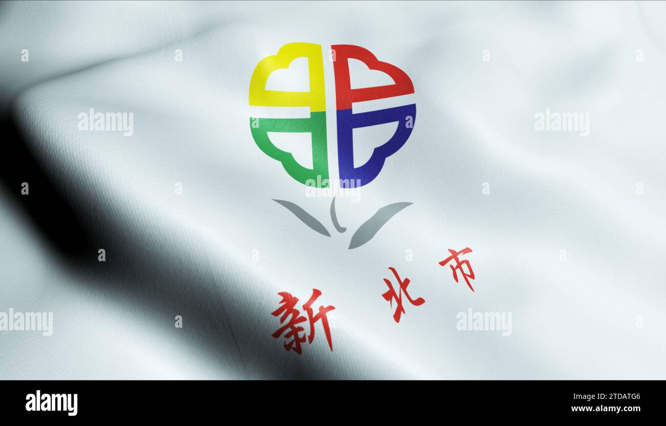 3D-Illustration einer wehenden taiwanischen Stadtflagge von Neu-Taipeh Stockfoto