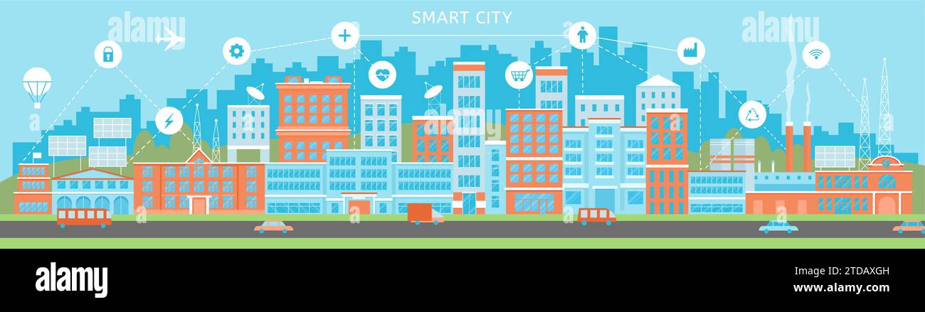 Smart City Flat Scene. Wolkenkratzer und Bürogebäude, Wohnungen und Straße mit Transport. Technologien und Urbanisierung, digitale Stadt anständige Vektor Stock Vektor