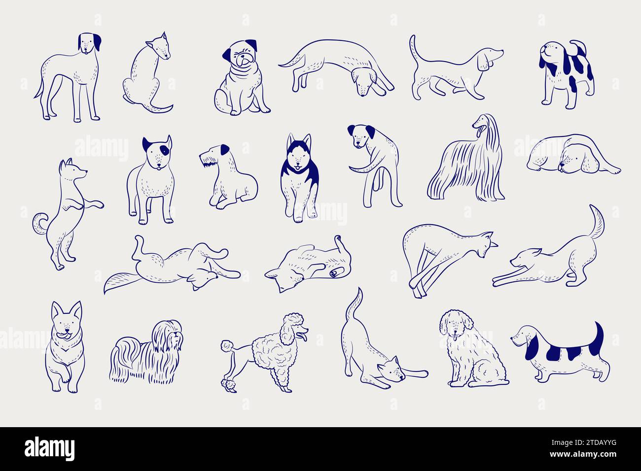 Süße Hunde. Lustige Kritzelhunde Illustrationen Haustiere neuere Vektor linear Hand gezeichnet Stock Vektor