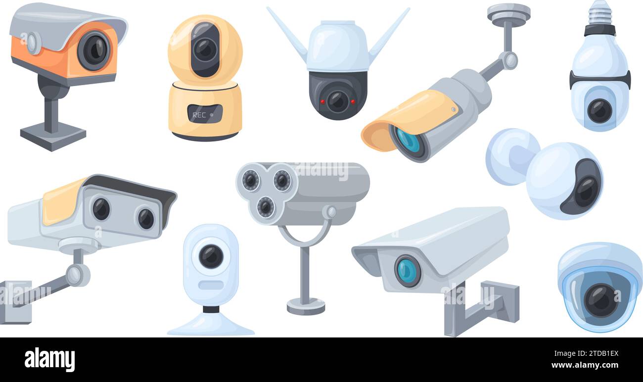 Cartoon-Überwachungskameras. CCTV-Spion-Videosystem, professionelle Sicherheits-Ausrüstung für Heim- oder Außenbereiche, Innenkamera-Objektiv-Sicherheitssteuerung, saubere Vektorillustration der Kamera Spionageüberwachung Stock Vektor