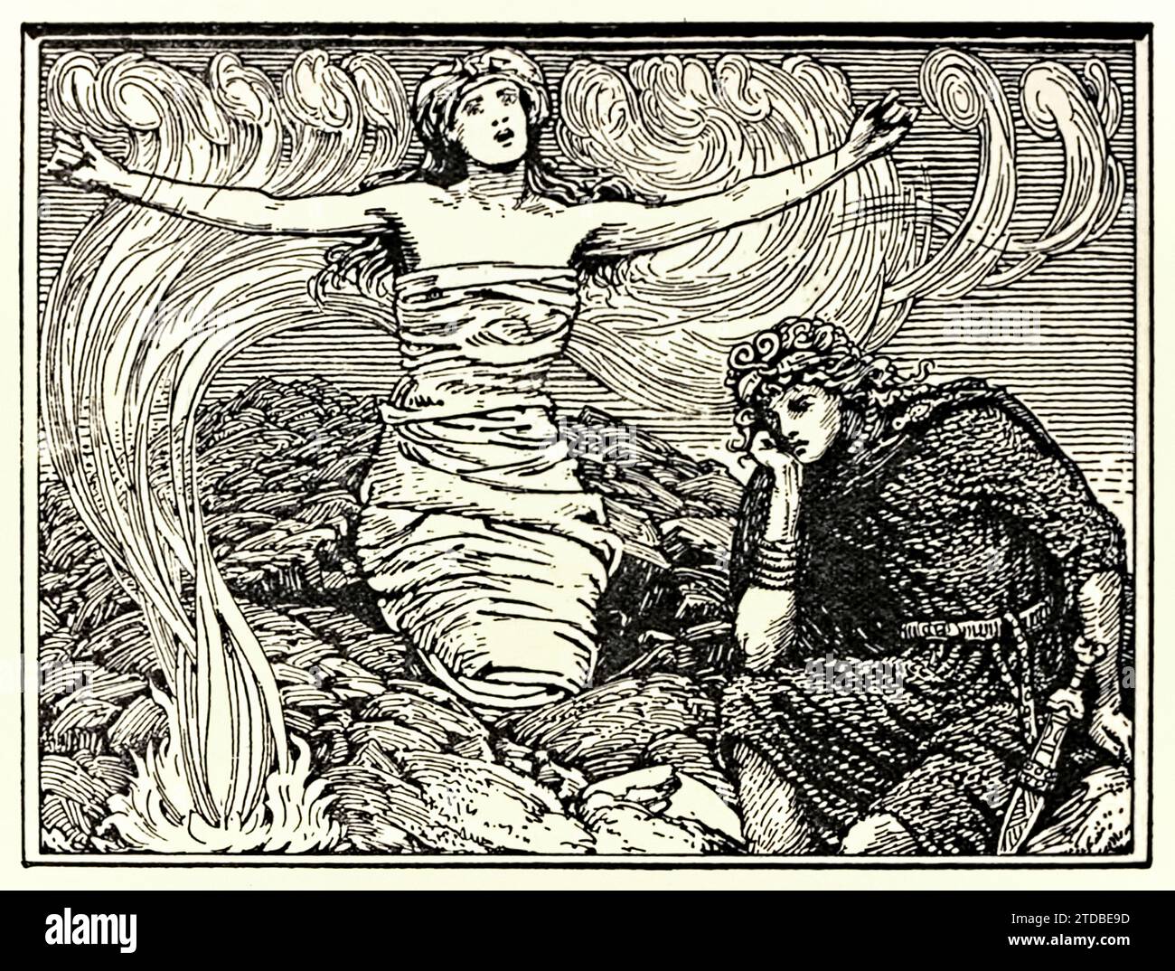 „Groas Zauberspruch“ aus der „poetischen Edda“, einer Sammlung traditioneller altnordischer Gedichte, die von Olive Bray (1878-1909) übersetzt wurde und erstmals 1908 veröffentlicht wurde. Illustration von W. G. Collingwood (1854–1932), die Gróa zeigt, eine Seherin in der nordischen Mythologie, die ihrem Sohn Svipdagr in einer Szene aus dem Gedicht Grógaldr hilft. Stockfoto