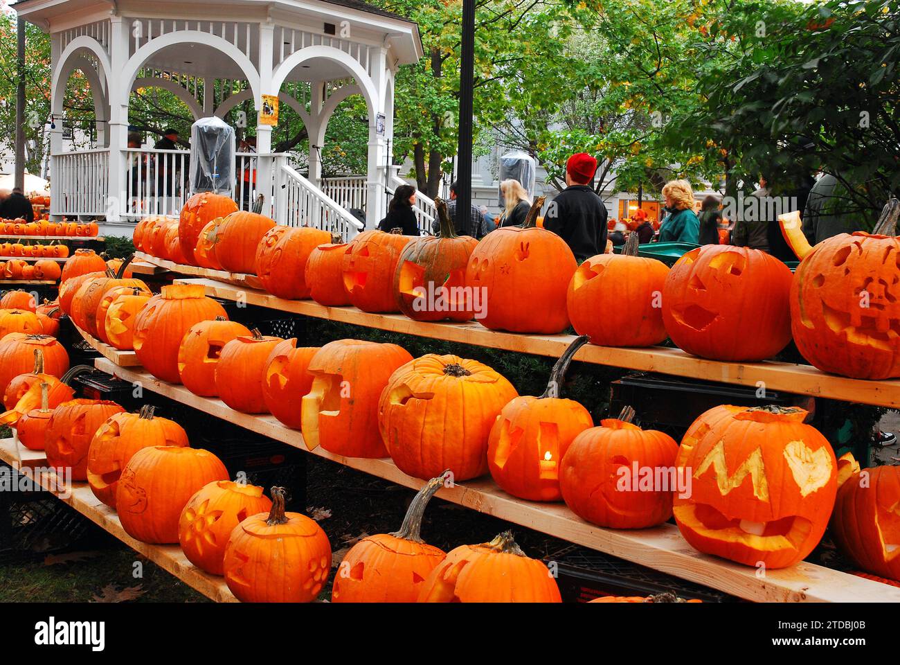 Kürbisreihen auf einem Regal säumen den Town Square in Keene, New Hampshire während eines Halloween-Festivals im Herbst Stockfoto