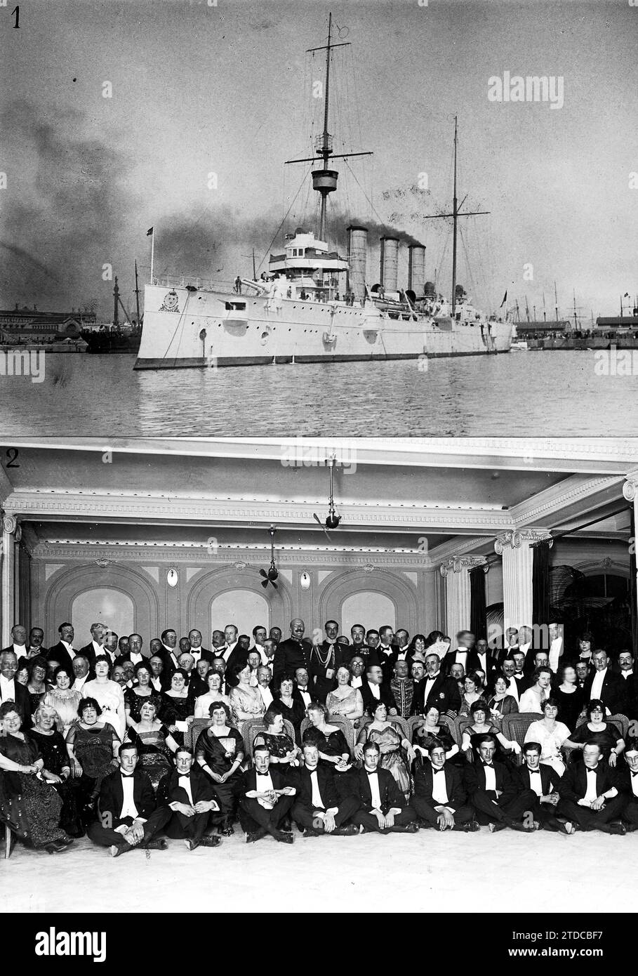 02/28/1921. Barcelona. Ein schwedisches Kriegsschiff. 1.- das Kreuzfahrtschiff 'Fylgia' ankerte im Hafen. 2.- die Behörden und die schwedische Kolonie mit dem Kommandanten und Offizieren der Kreuzfahrt, nach dem Bankett, das ihnen als Geschenk gegeben wurde. Quelle: Album / Archivo ABC / Josep Brangulí Stockfoto