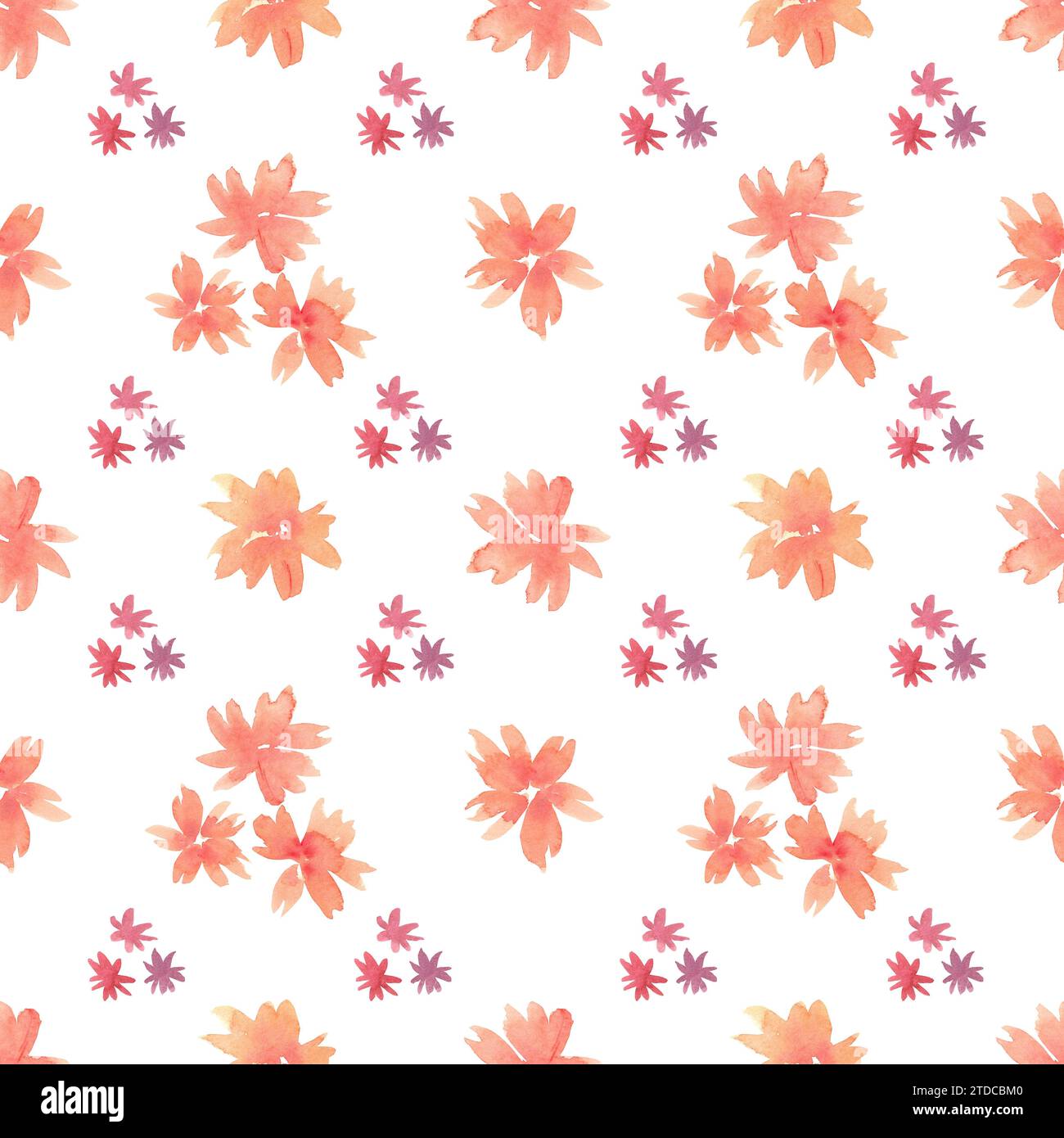 Blumenmuster in Wasserfarben. Muster mit orangefarbenen und kleinen burgunderroten Blüten. Isoliertes, handlackiertes Design. Botanische Illustration für Hochzeitsdesign, gr Stockfoto