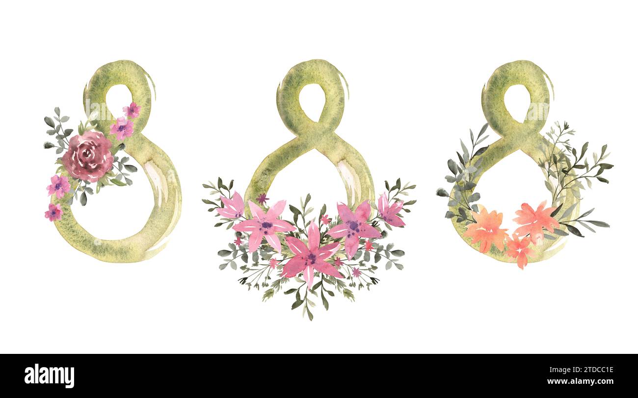 Set mit 8 Blumenaquarellen mit verschiedenen Blumen und Grün. 8. März, internationaler Frauentag. Handgezeichnete Illustration der botanischen Vorlage Stockfoto