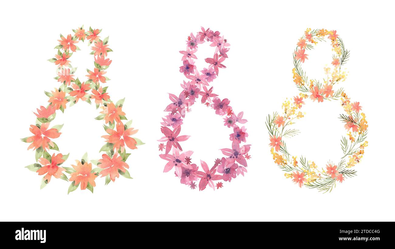 Set mit 8 Blumenaquarellen mit verschiedenen Blumen und Grün. 8. März, internationaler Frauentag. Handgezeichnete Illustration der botanischen Vorlage für Stockfoto