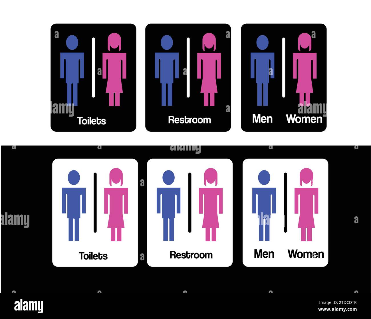 Toiletten, Männer und Frauen unterzeichnen in blau und rosa Packset. Vektor editierbarer isolierter Aufkleber. Stock Vektor