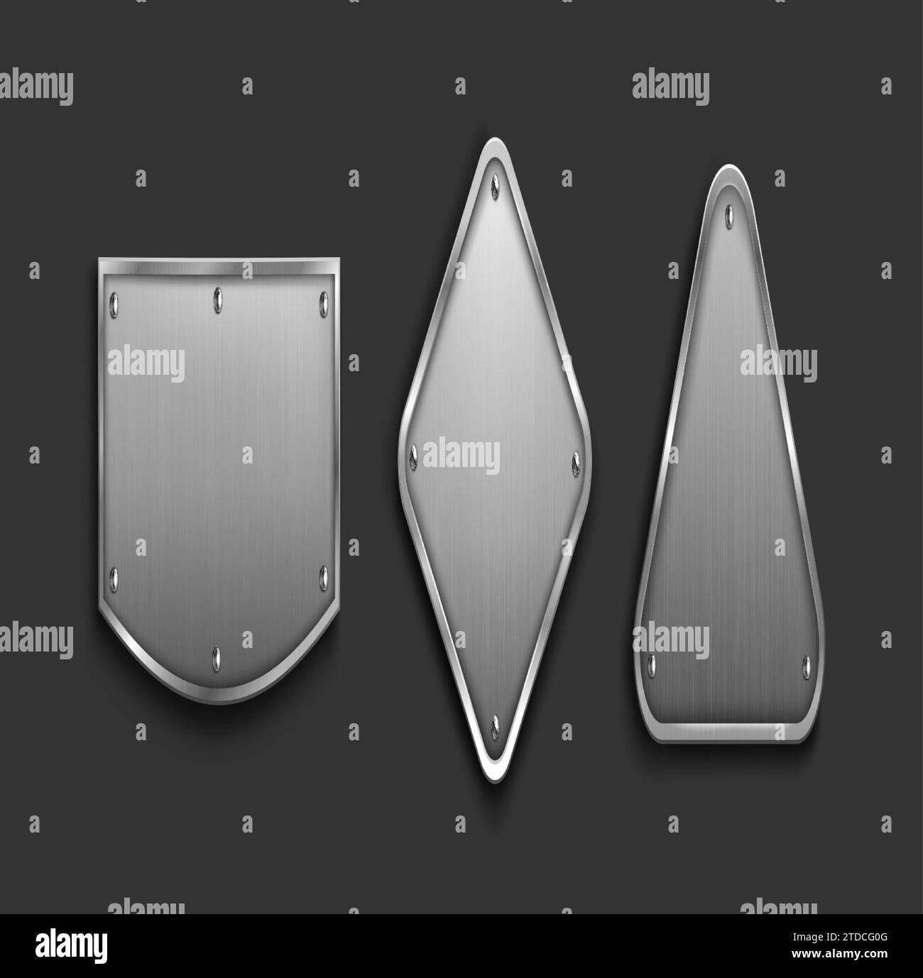 Kennzeichnungsplatte aus Stahl mit Rahmen und Schrauben. Realistischer Vektorsatz aus Metall-Typenschildern oder -Tafeln mit leerem Platz für Zeichen. Silberne Plakette oder rostfreies Rahmenmodell. Leere Form mit verchromter Textur. Stock Vektor