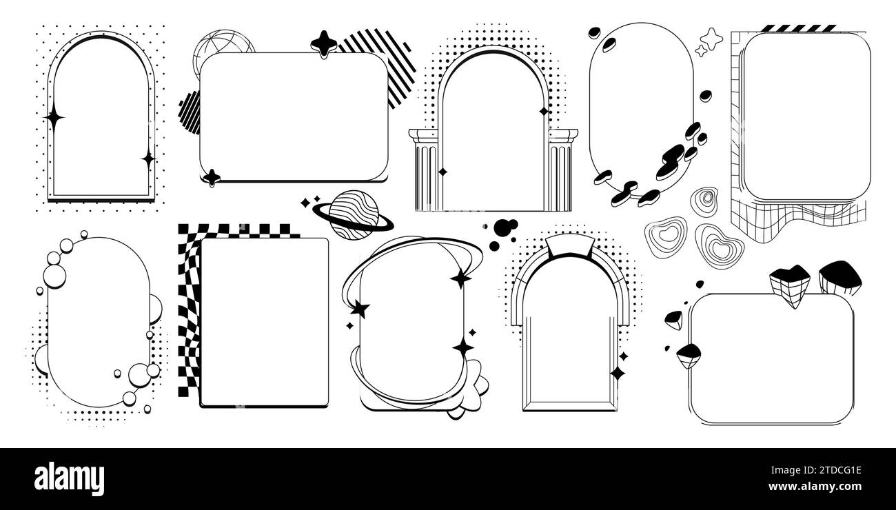 Schwarze Retrowave Bogenrahmen isoliert auf weißem Hintergrund. Vektor-Illustration des futuristischen Retro-Fensters, der Tür, der Torränder mit Sternen, Punkten, Linien, abstrakten Designelementen, Vintage y2k-Banner Stock Vektor