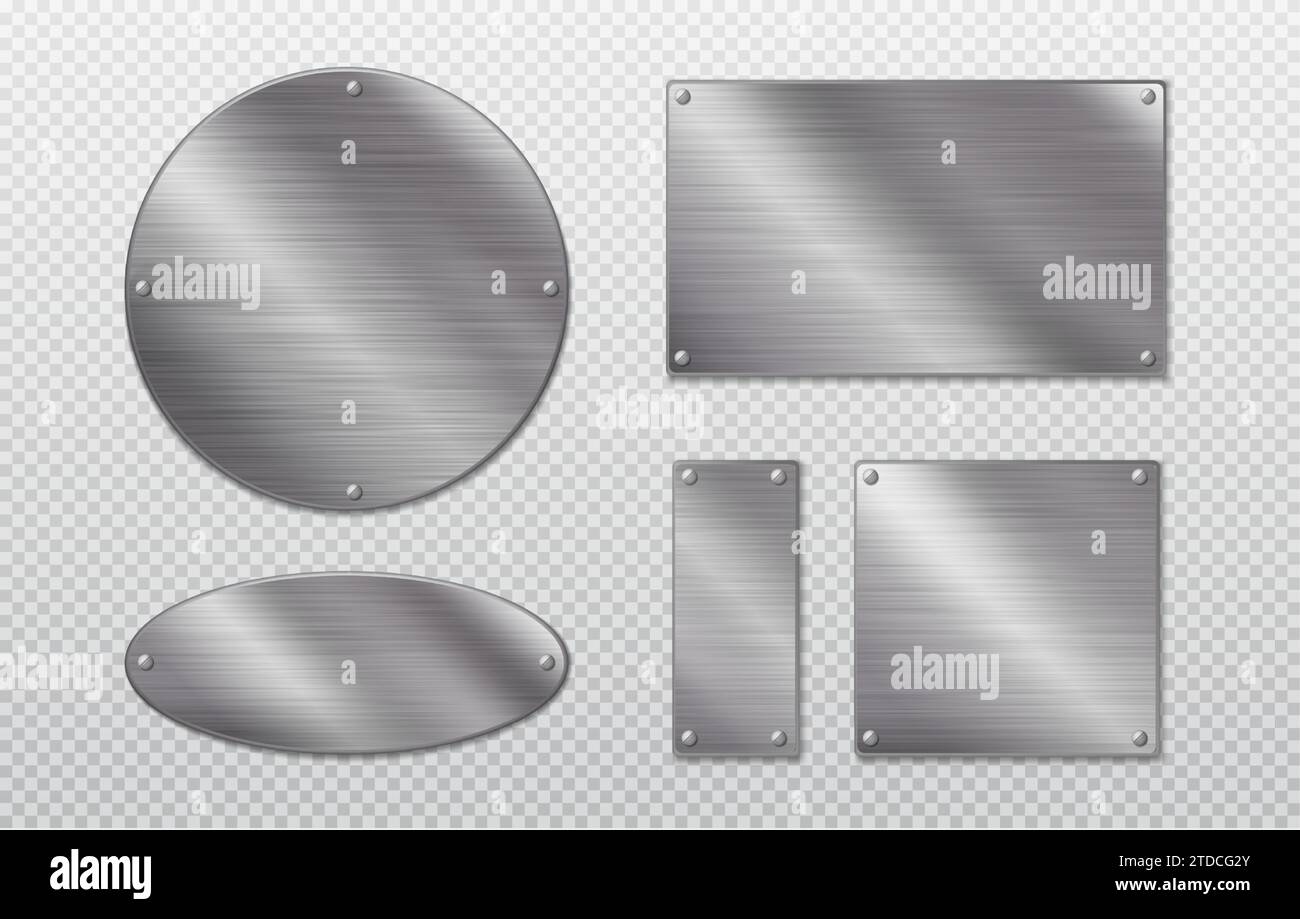 Rechteckige, quadratische und runde Kennzeichnungsplatte aus Stahl mit Nieten. Realistischer Vektorsatz aus leeren Aluminium-Typenschildern oder -Platten mit Schrauben. Verchromte Oberfläche leere Plaque oder Rahmenmodell. Stock Vektor