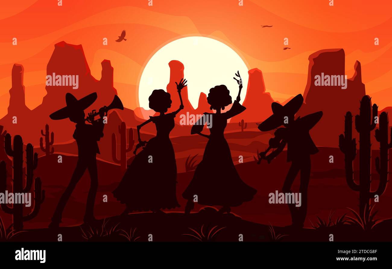 Mexikanische Wüstenlandschaft bei Sonnenuntergang. Silhouetten von tanzenden Frauen und Musikern mit Sombrero-Hüten auf Vektorhintergrund von Wüstenbergen des Wilden Westens, Kakteen, untergehender Sonne und Vögeln am orangefarbenen Himmel Stock Vektor