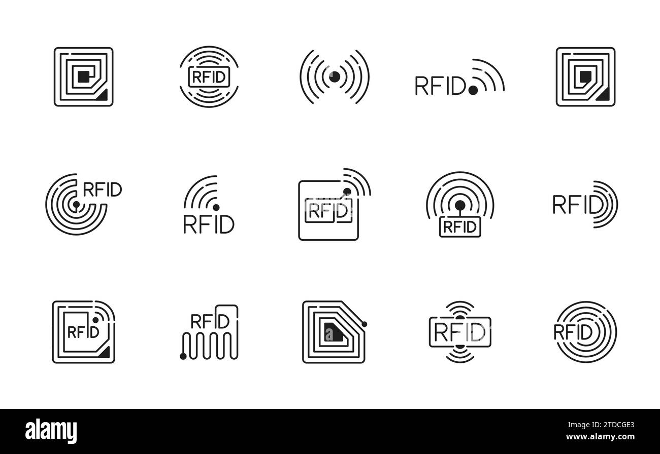 RFID. Symbole für Hochfrequenzkennzeichnung, drahtlose Zahlungsgeräte, elektromagnetische Kupferspulen, einfarbige dünne Linien. Identifizierungs- und Tracking-Piktogramme des RFID-Systems Stock Vektor