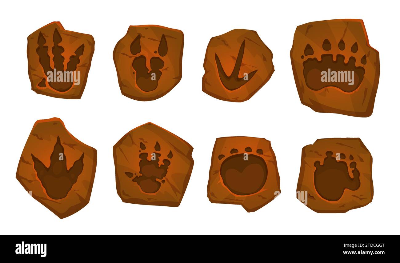 Alte Dinosaurierspuren, archäologisches Fossil. Isolierte Vektor-Dino-Tierpfotenabdrücke, Reptilienfußabdruck in Stein. Archäologische und paläontologische Funde aus der antiken jurazeit Stock Vektor Alte Dinosaurierspuren, archäologisches Fossil. Isolierte Vektor-Dino-Tierpfotenabdrücke, Reptilienfußabdruck in Stein. Archäologische und paläontologische Funde aus der antiken jurazeit Stock Vektor