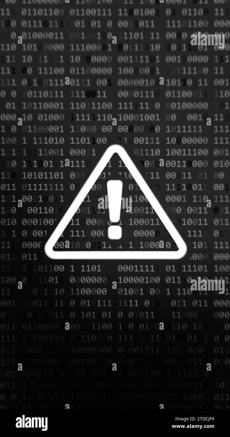 Achtung-Symbol mit Binärcode. Gefahrenschild. Konzept Für Gehackte Fehler. Stockfoto