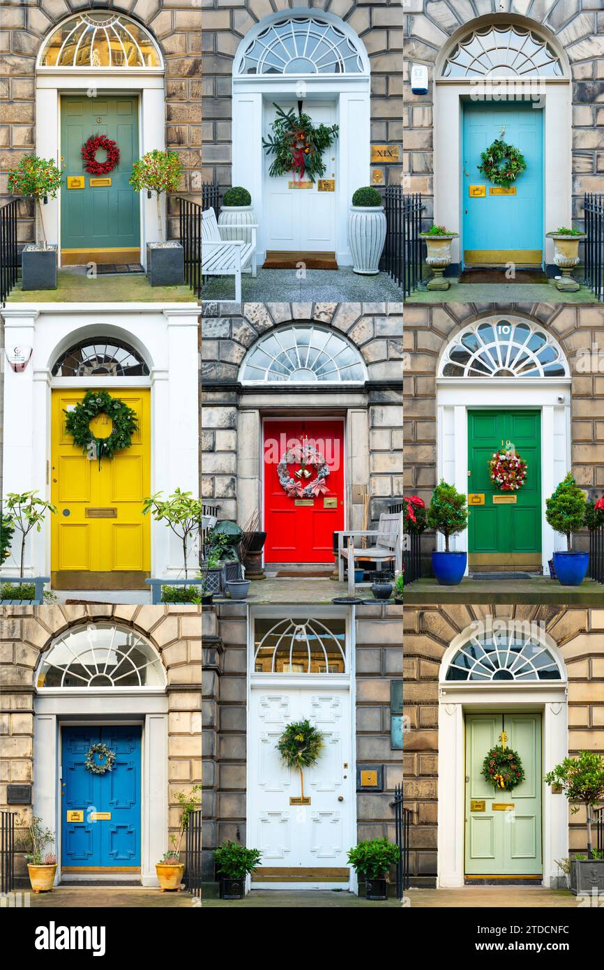 Zusammengesetztes Bild von vielen Haustüren, die mit Weihnachtskränzen im New Town District von Edinburgh, schottland, Großbritannien, verziert sind Stockfoto