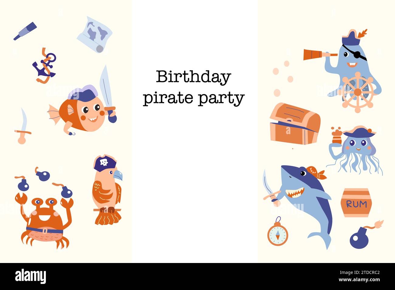 Cartoon Piraten Geburtstagsfeier Einladung Karte Flyer für Kinder. Kann für Babyfeier-Banner, Hintergrund verwendet werden. Meerestiere Geburtstagsvorlage, Sea Adventures Design. Stock Vektor