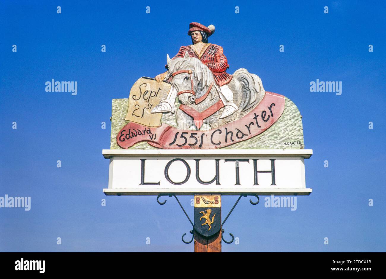 Dorfschild mit der Darstellung von König Edweard VI 1551 Charter, Louth, Lincolnshire, England, Großbritannien September 1971 Stockfoto