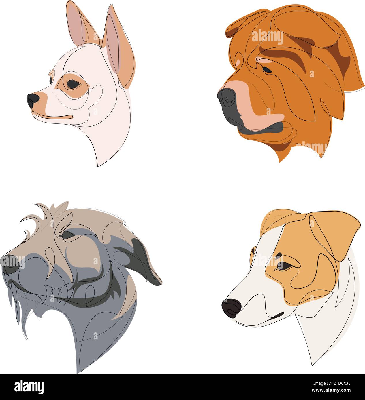 Hunderassen in minimalem Stil gezeichnet gesetzt. Hunde in einer Reihe. Vektorgrafik Stock Vektor