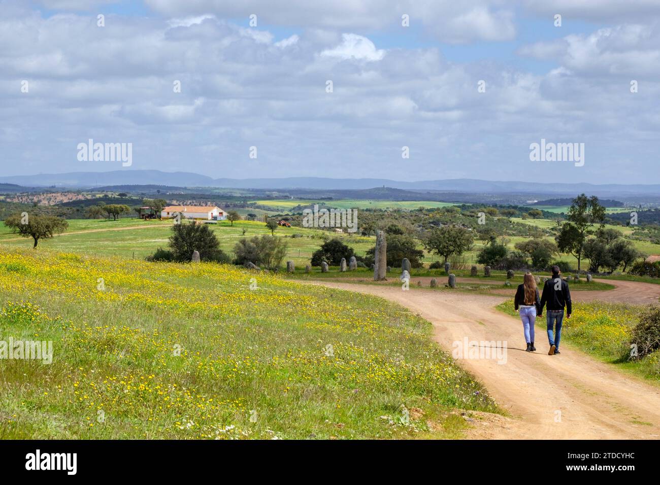 conjunto de menhires, Crómlech de Xerez, Monsaraz, Alentejo, Portugal Stockfoto