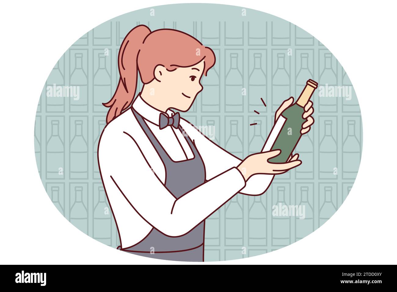 Lächelnde Kellnerin auf der Schürze, die Wein im Keller auswählt. Fröhliche Sommelierin treffen die Wahl über einen Drink im Restaurant. Vektorgrafik. Stock Vektor