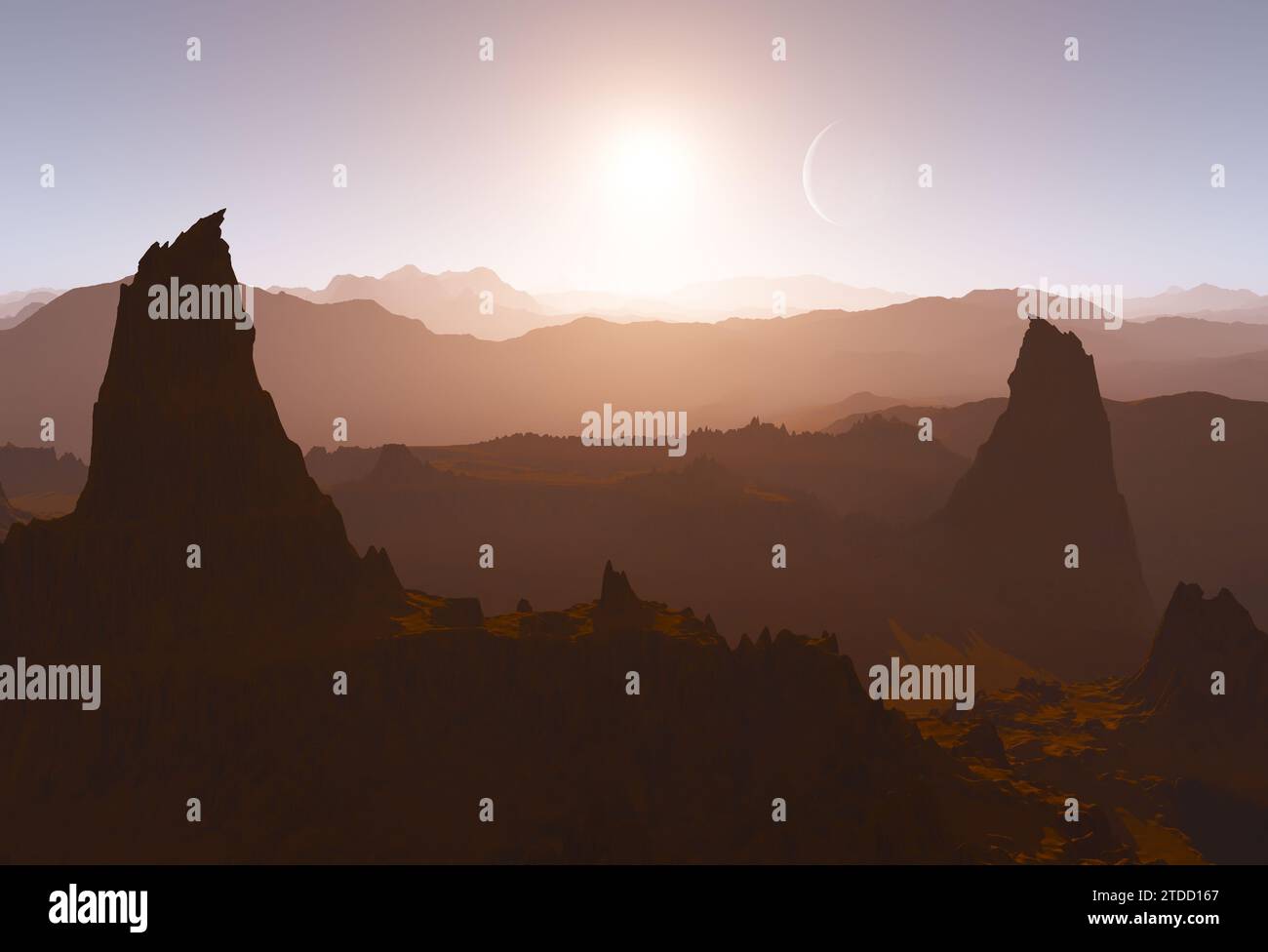 Marslandschaft mit Sonnen und Felsformationen, 3D-Darstellung Stockfoto