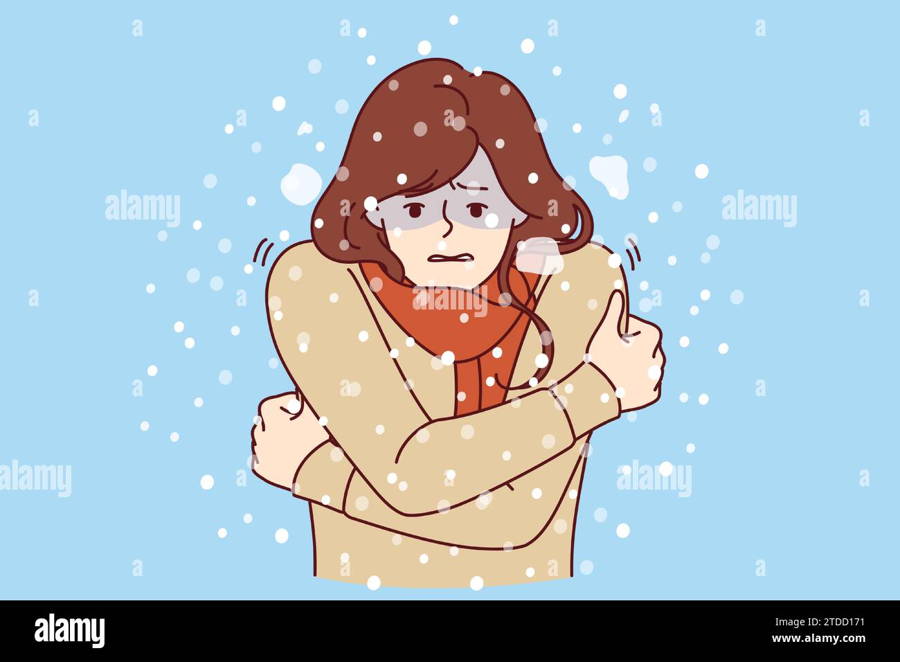 Die Frau friert im kalten Winter unter Schnee, trägt einen Pullover und braucht eine warme Daunenjacke oder Regenjacke. Das Mädchen friert aufgrund fehlender Oberbekleidung und riskiert Erkältung und Grippe zu fangen Stock Vektor