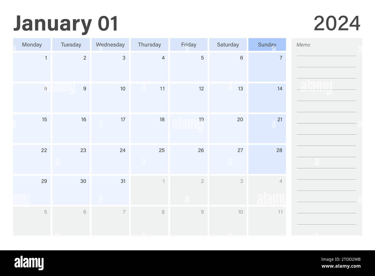 Die Kalenderwochen der Tischplaner vom 2024. Januar beginnen am Montag in hellblauem und grauem Thema mit leerem Zeilennotizfeld, Vektordesign Stock Vektor