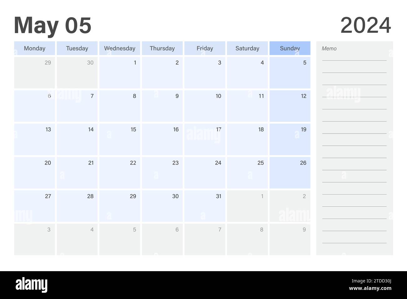 2024 Mai Tischplaner Kalenderwochen beginnen am Montag in hellblauem und grauem Thema mit leerem Zeilennotizfeld, Vektordesign Stock Vektor