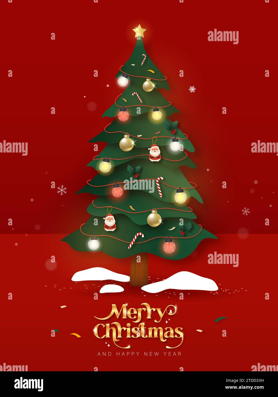 Dekorierter Weihnachtsbaum auf rotem Hintergrund mit frohen Weihnachtstext, Vektordesign Stock Vektor