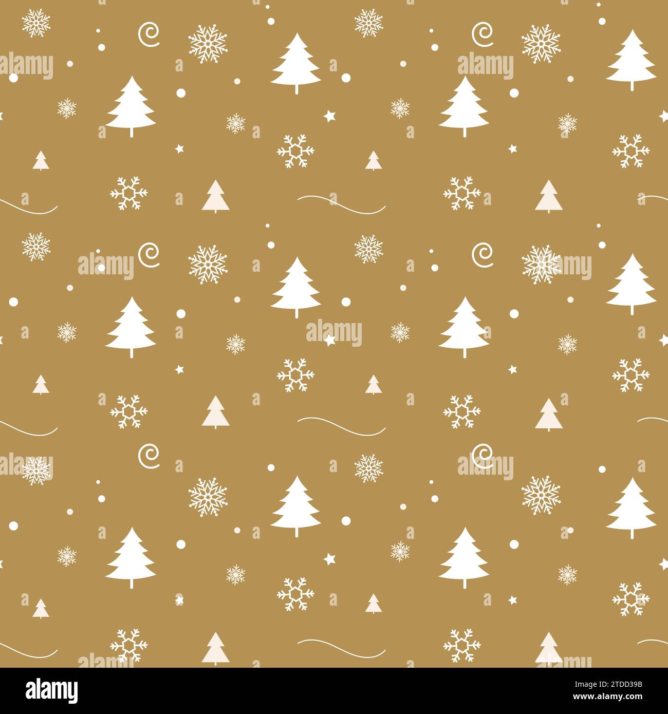 Festlicher Weihnachtsbaum und Schneeflocken nahtloses Muster auf goldenem Hintergrund, Vektordesign, für Geschenkverpackungspapier Stock Vektor