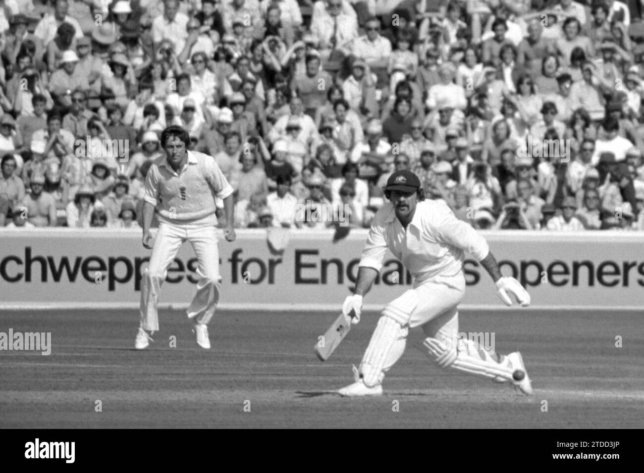 Rodney Marsh spielte im letzten Test Match im Oval, Austalians in England, 1977. Bob Woolmer ist der Feldspieler. Stockfoto