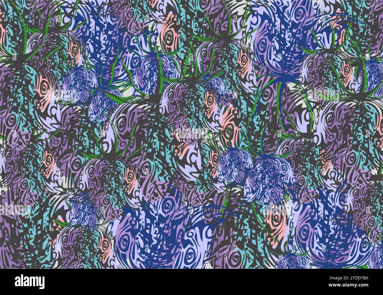 Blumenmotiv in Blau-Lila-Grün-Rosa-Tönen für Textilien und Stoffe. Abstrakter Hintergrund, gebildet durch stilisierte Glockenblumen für Geschäft, Mode Stockfoto