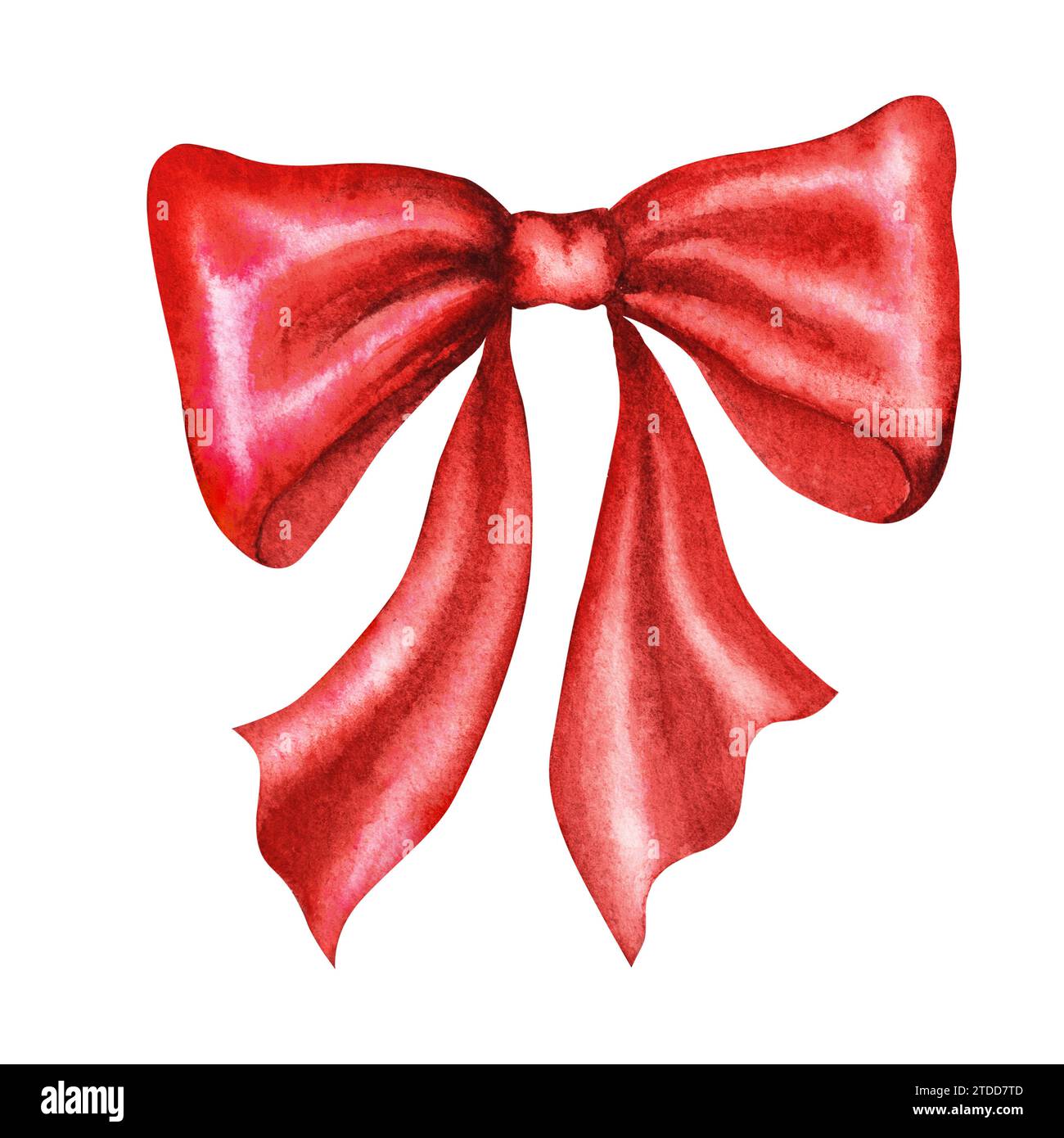 Aquarellabbildung Roter Bogen. Hand gezeichneter roter Satin-Feiertagsbogen. Dekor für Neujahr, Valentinstag, Geburtstag usw. Stockfoto