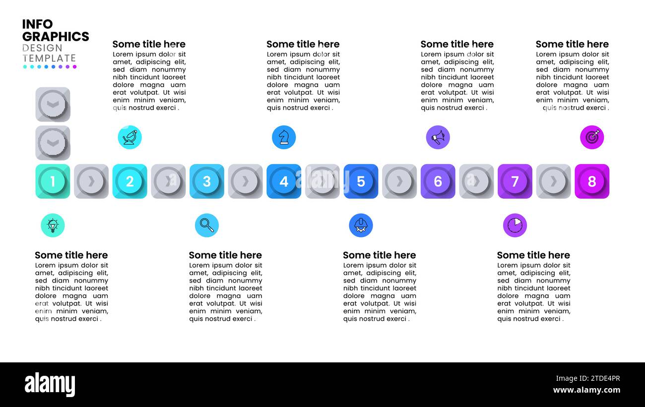 Infografik-Vorlage mit Symbolen und 8 Optionen oder Schritten. Zeitleiste. Kann für Workflow-Layout, Diagramm, Banner, webdesign verwendet werden. Vektorgrafik Stock Vektor