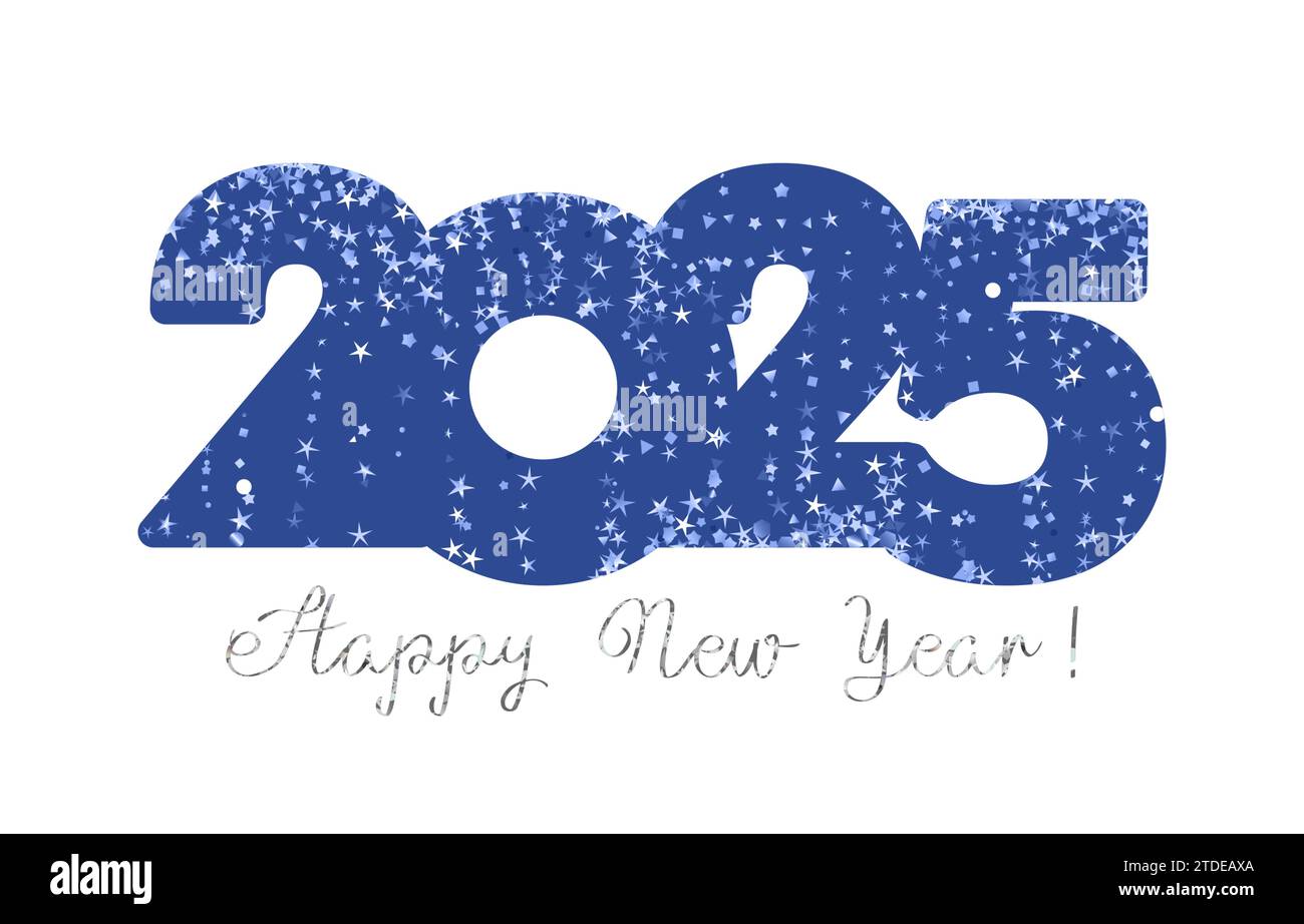 Happy New Year 2025 Postkartenkonzept. Glänzendes Glitzerdesign, Vintage-Text und Nummernlogo. Fettgedrucktes Symbol 2025 mit Begrenzungsmaske. Hintergrund mit Glitzern Stock Vektor