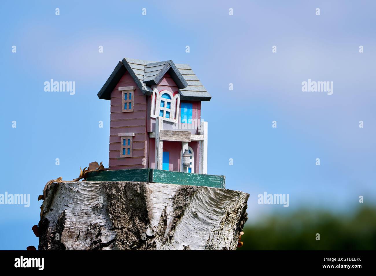 Buntes, verwittertes, kleines Holzhaus auf einem Baumstumpf Stockfoto