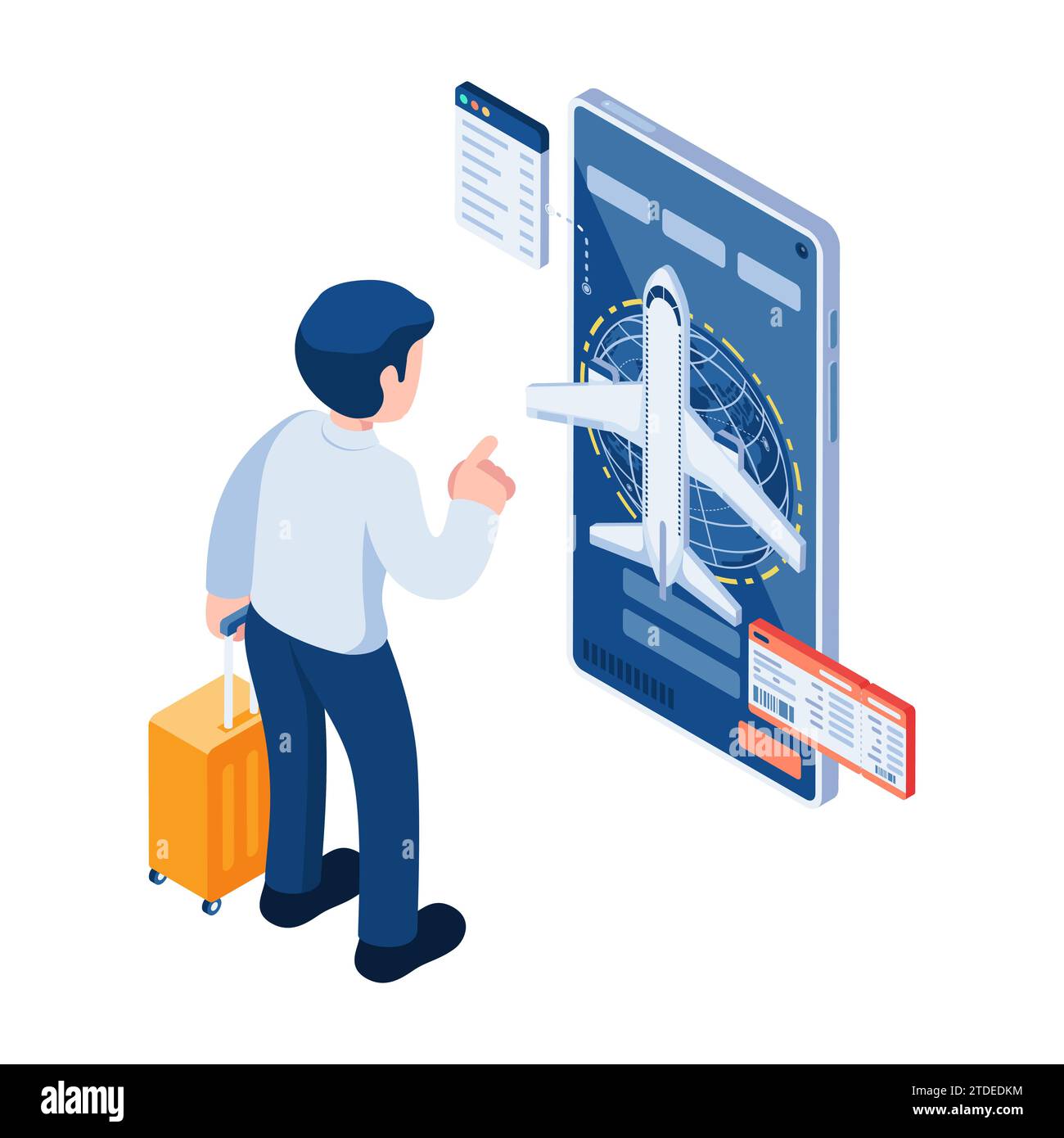 Flacher 3D Isometrischer Geschäftsmann, der Flug online mit Smartphone Bucht. Buchung von Flugtickets und Business Travel Konzept. Stock Vektor
