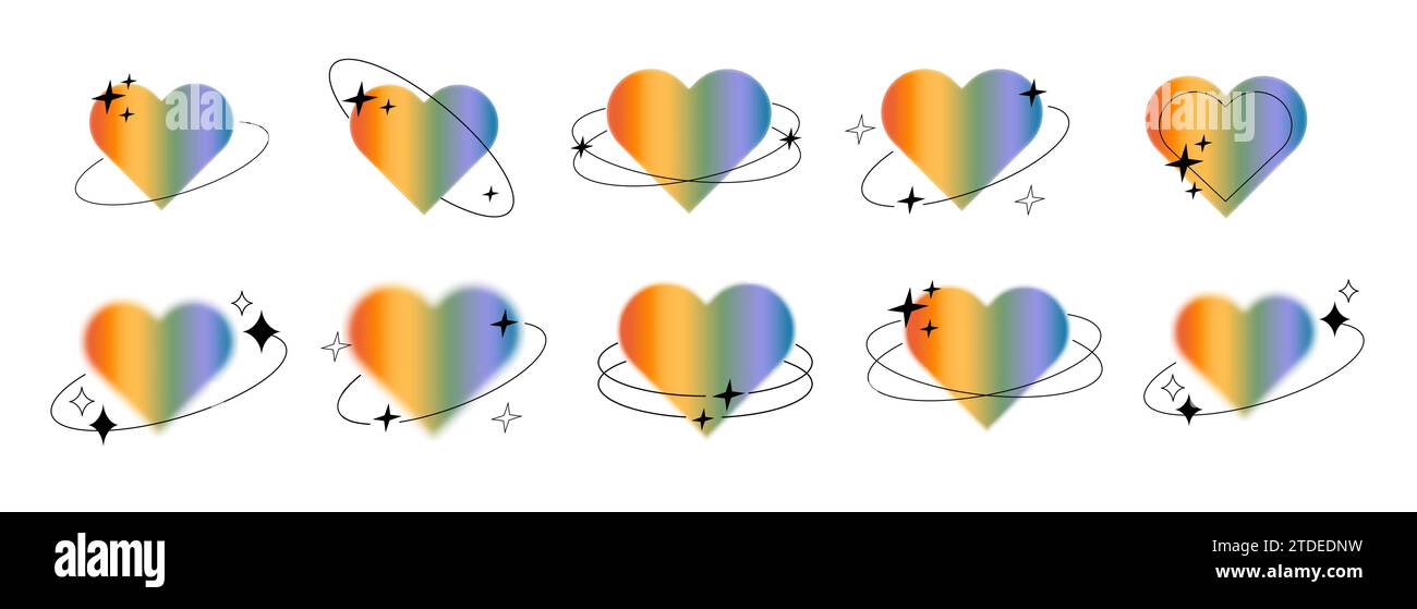 Vektorsatz aus verschwommenem Regenbogenfarbenen Herzaura-Ästhetik mit linearem Rahmen und Formen. Schwules Liebessymbol im trendigen y2k-Design Stock Vektor