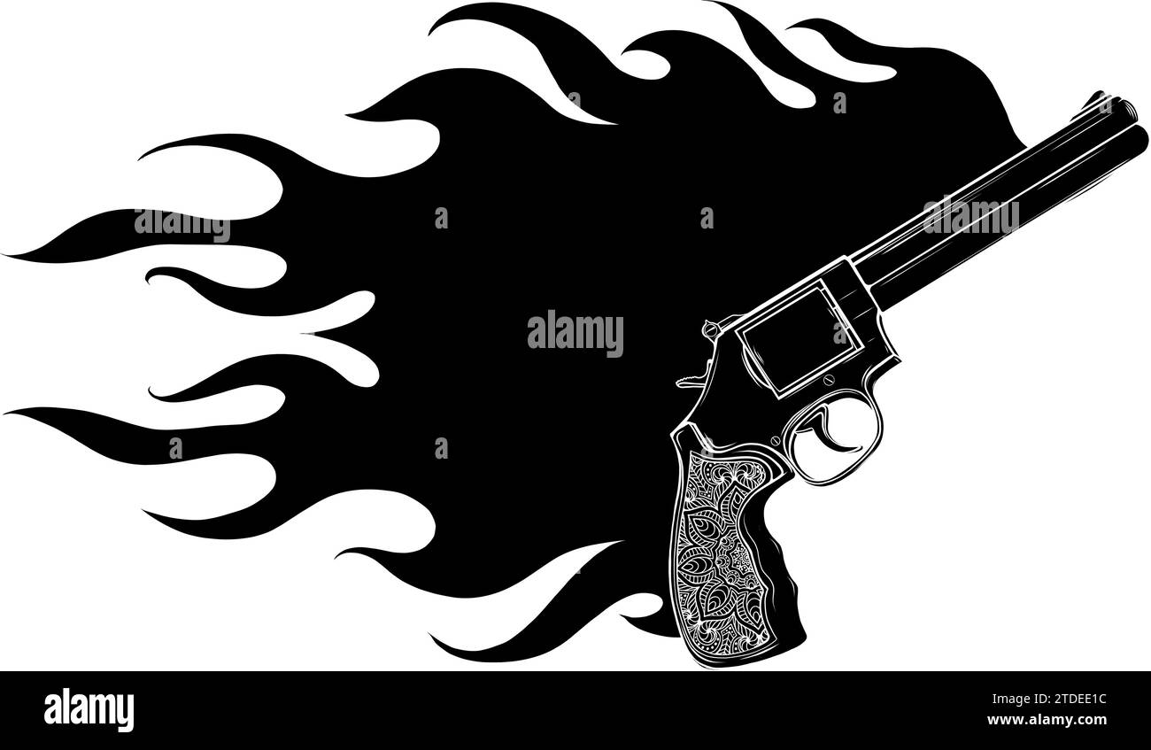 Schwarze Silhouette der westlichen Pistole oder des Revolvers mit Flammenvektorillustration im detaillierten Stil isoliert auf weißem Hintergrund Stock Vektor