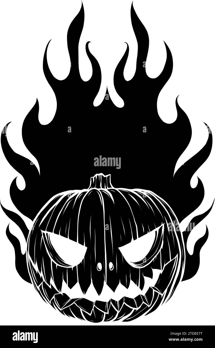 Schwarze Silhouette des halloween Kürbis Charakters mit Feuerflamme auf weißem Hintergrund. Stock Vektor
