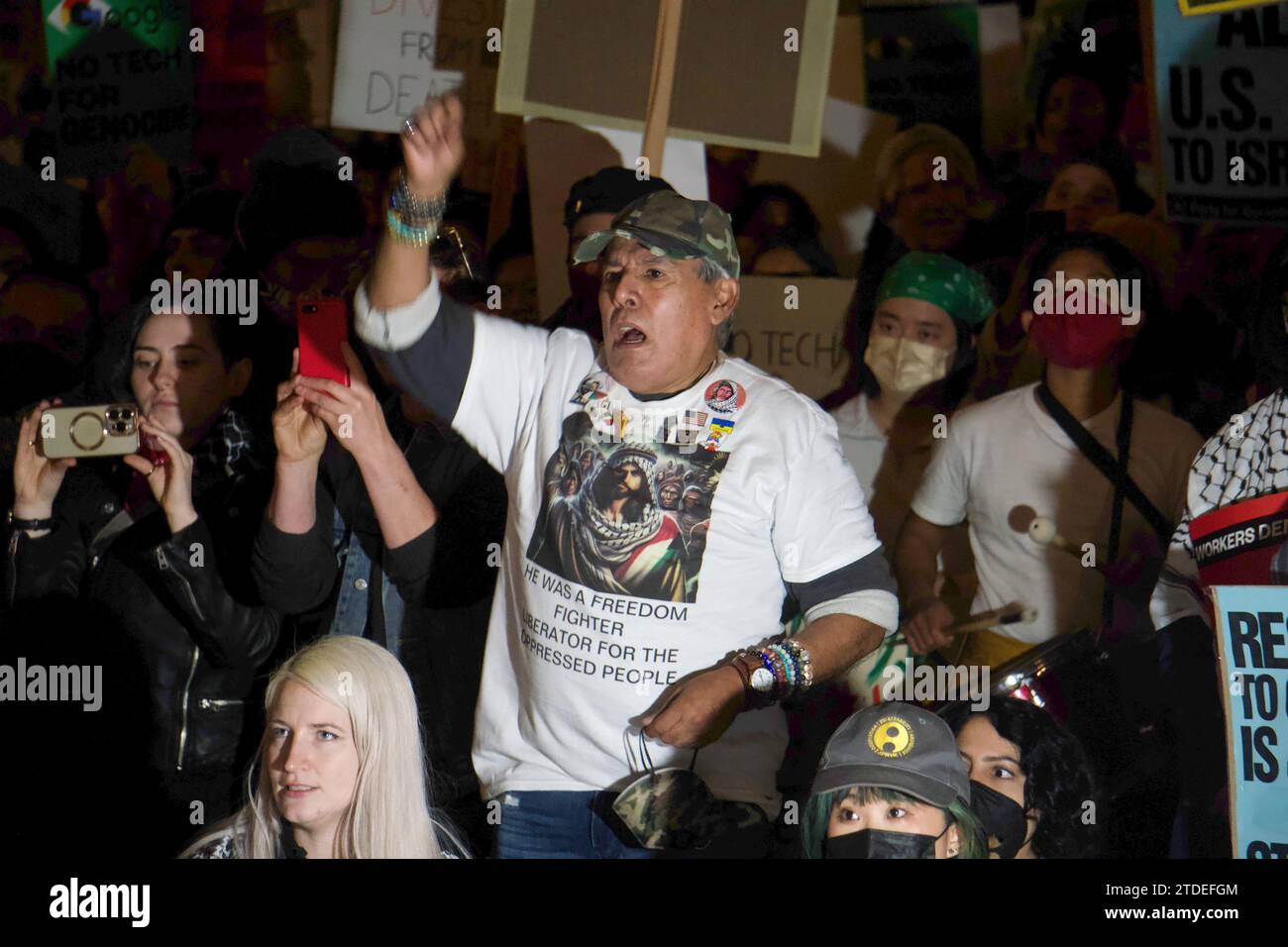 Schließen Sie Google: No Tech for Genocide, Protest Project Nimbus Vertrag mit Israel und künstliche Intelligenz für Kriegsführung. San Francisco, CA, USA Stockfoto