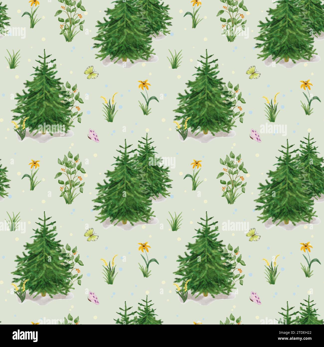 Fichte. Nahtloses Muster mit Weihnachtsbäumen. Weihnachtsbaum im Wald mit Blumen und Büschen. Stockfoto