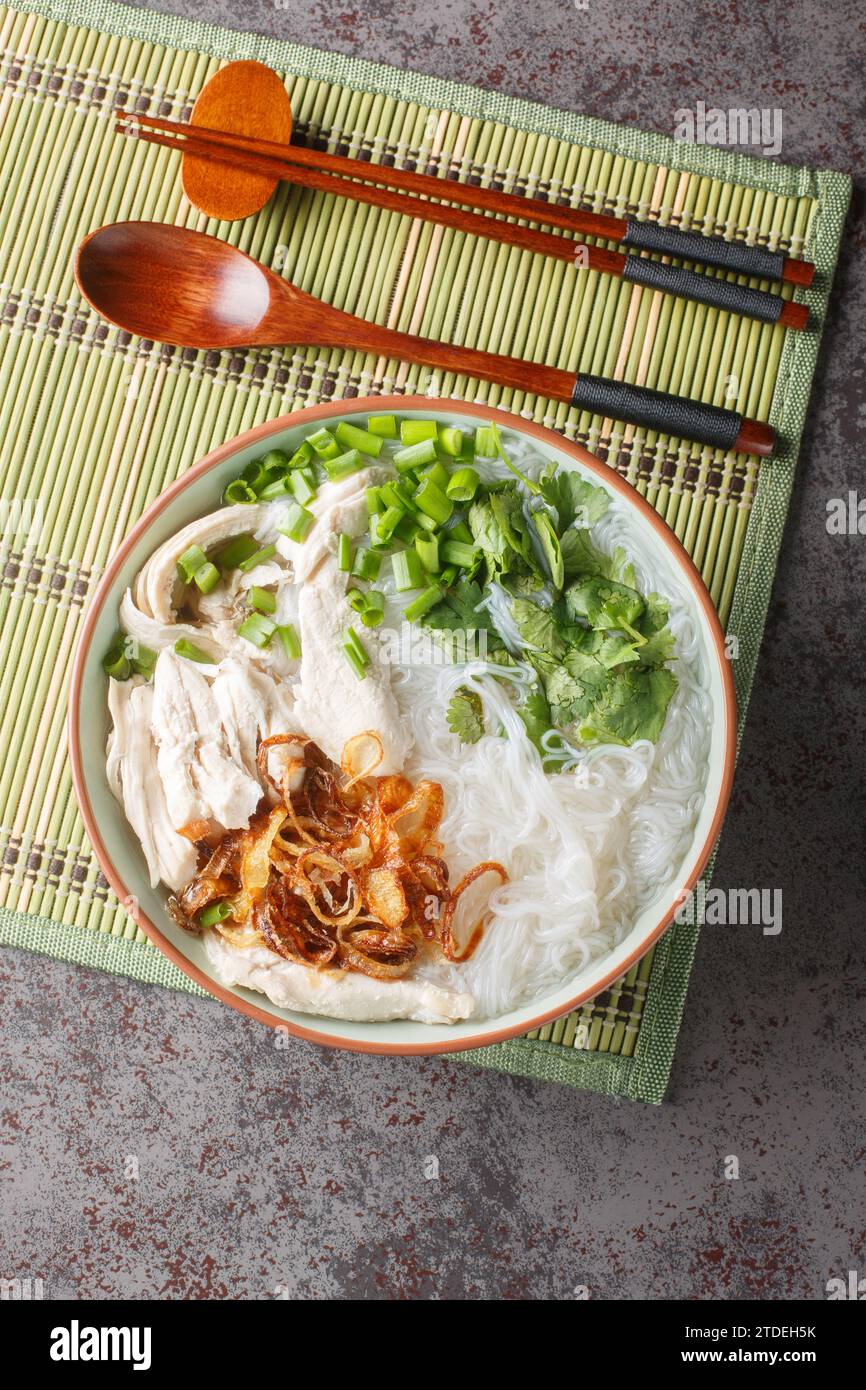 Asiatische Hühnernudelsuppe mit gebratenen Zwiebeln, grünen Zwiebeln und Koriander in einer Schüssel auf dem Tisch. Vertikale Draufsicht von oben Stockfoto