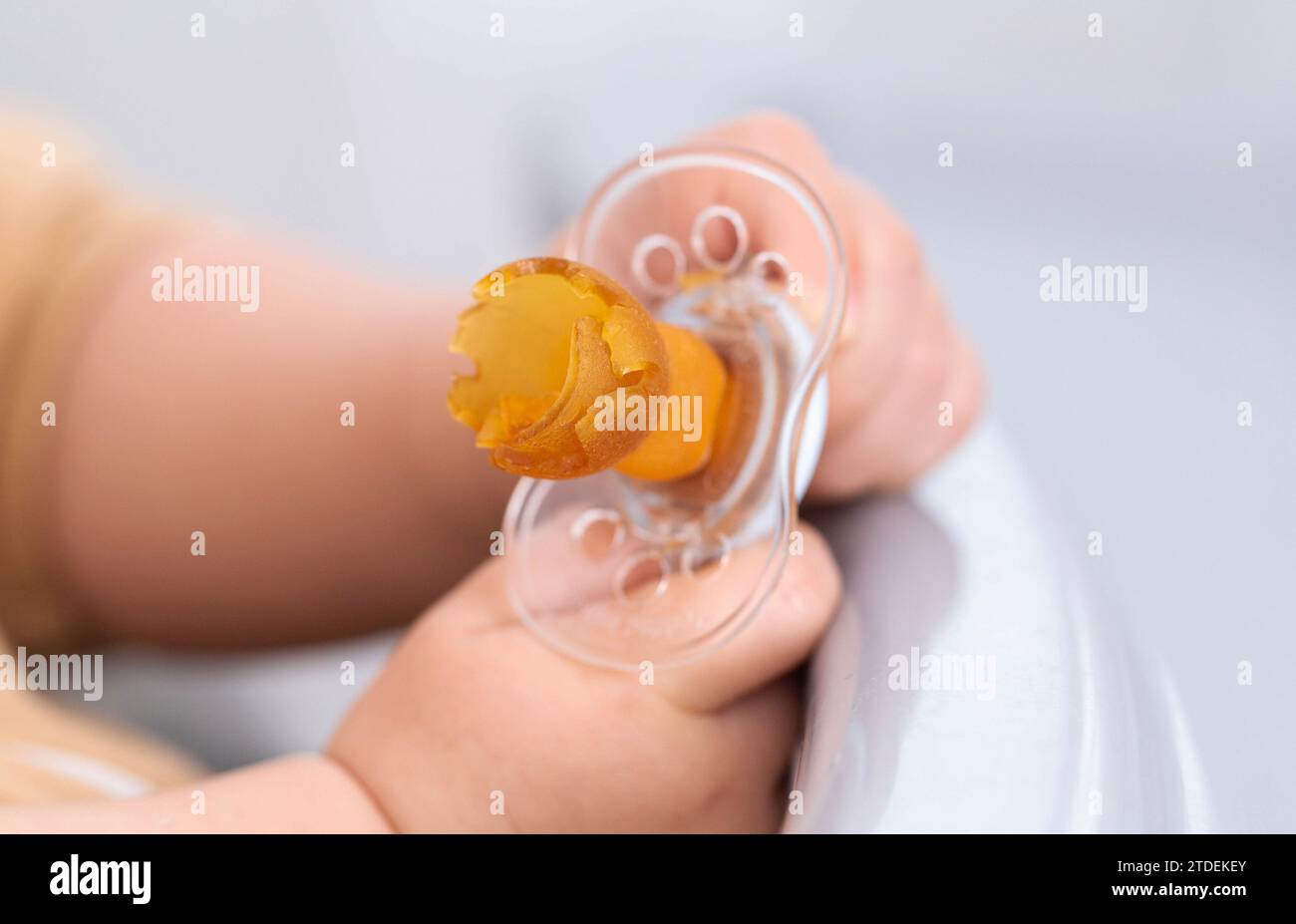 Ein zerrissener und gekaut Silikonnippel in den Händen eines Babys. Das Konzept der Bissprobleme bei Kindern durch den Schnuller. Zahnen. Stockfoto