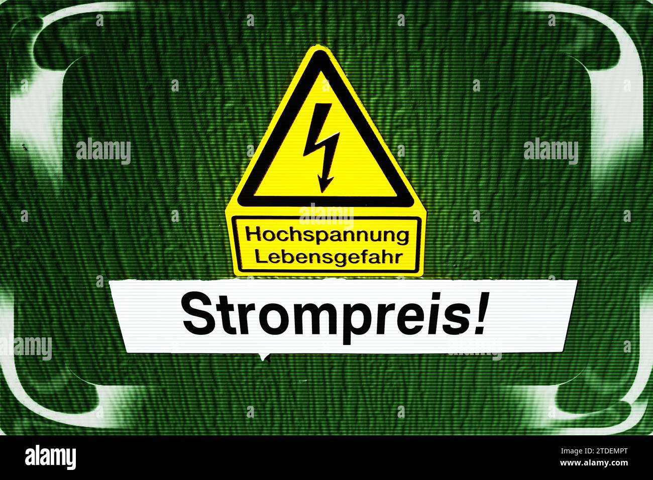 Schild Mit Aktuellem Pfeil Und Aufschrift Elektrizität Preis, Fotomontage Stockfoto